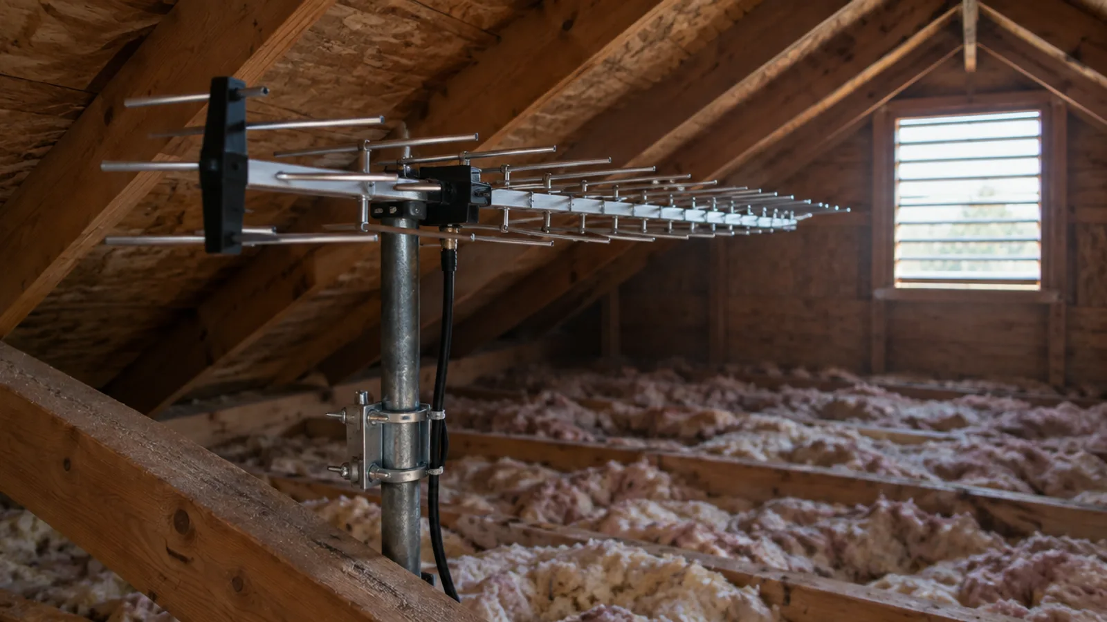 A directional TV antenna with many crossbar elements mounted on a short mast in a house attic, pointing toward the gable vent