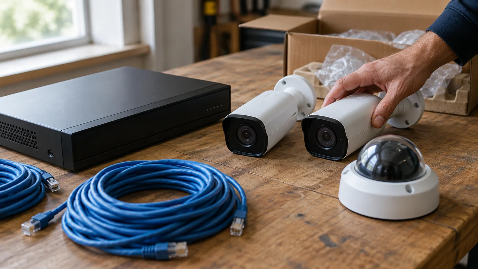 A black network video recorder, two white bullet cameras, a dome camera and coils of blue network cable on a wooden workbench