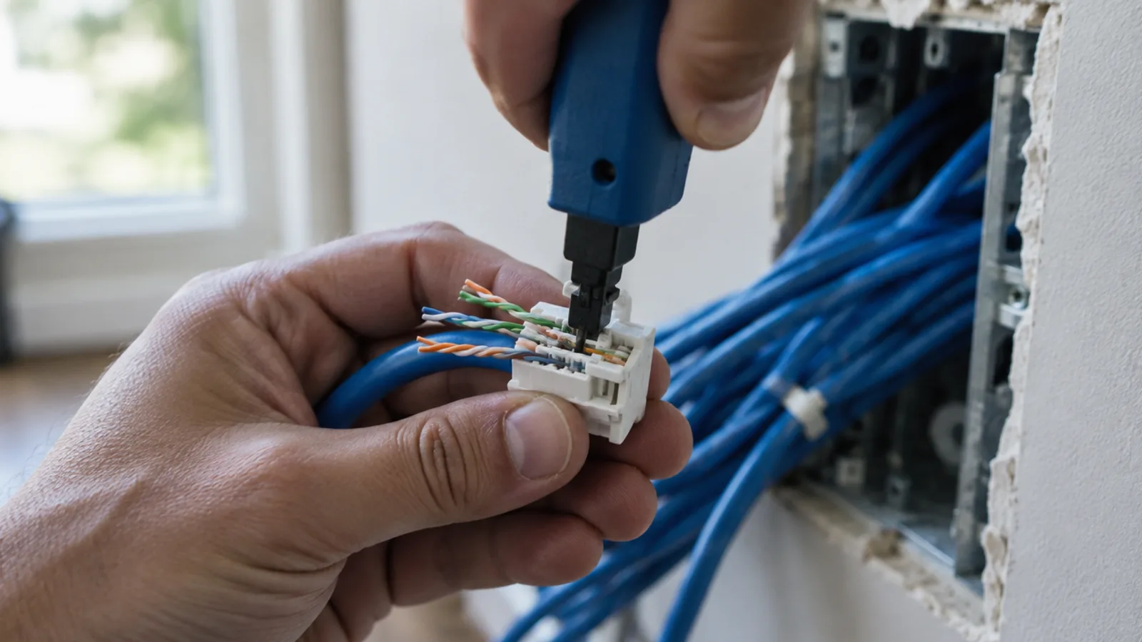 A technician's hands punching down the colored wire pairs of a blue Cat6 cable into a white keystone jack beside an open wall box