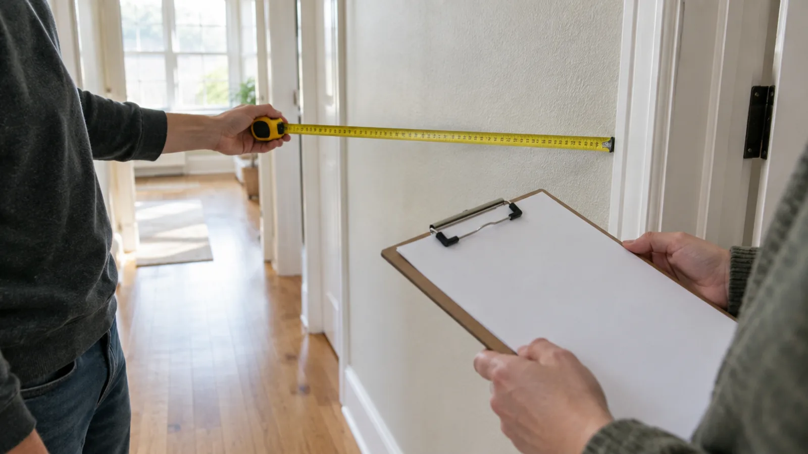 Hands holding a tape measure along a hallway wall beside a doorway while another hand holds a clipboard with a blank page