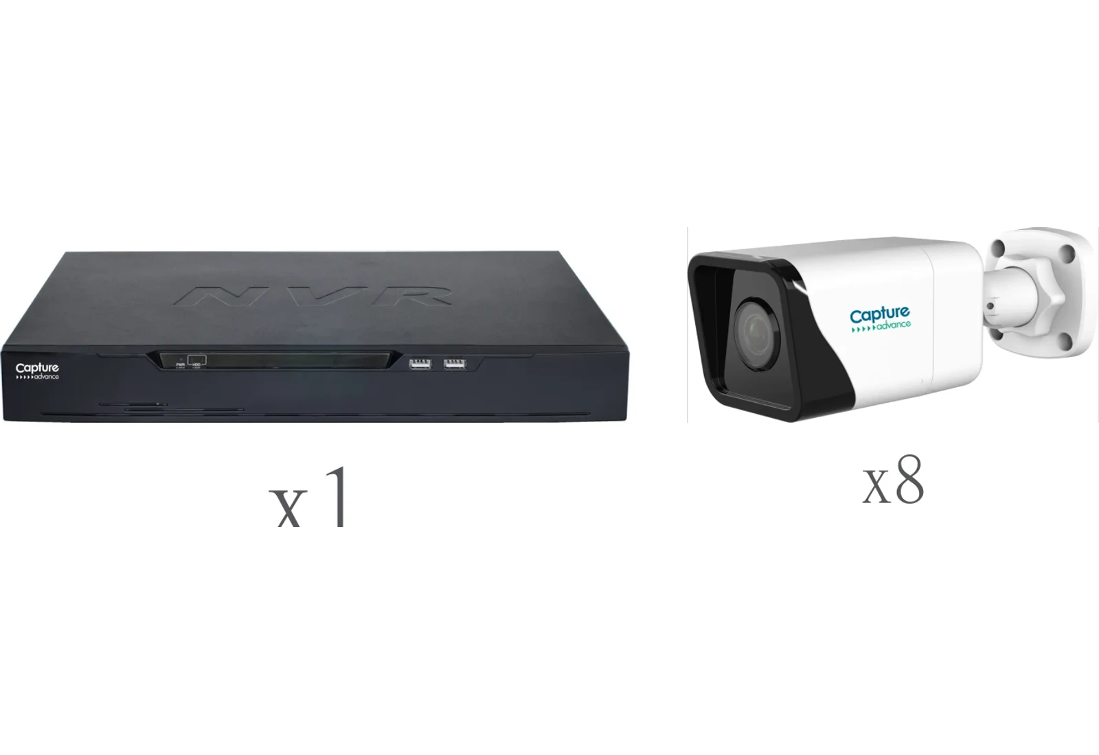 The Business IP Kit components photographed together — an 8-channel network video recorder beside a fixed-lens IP camera