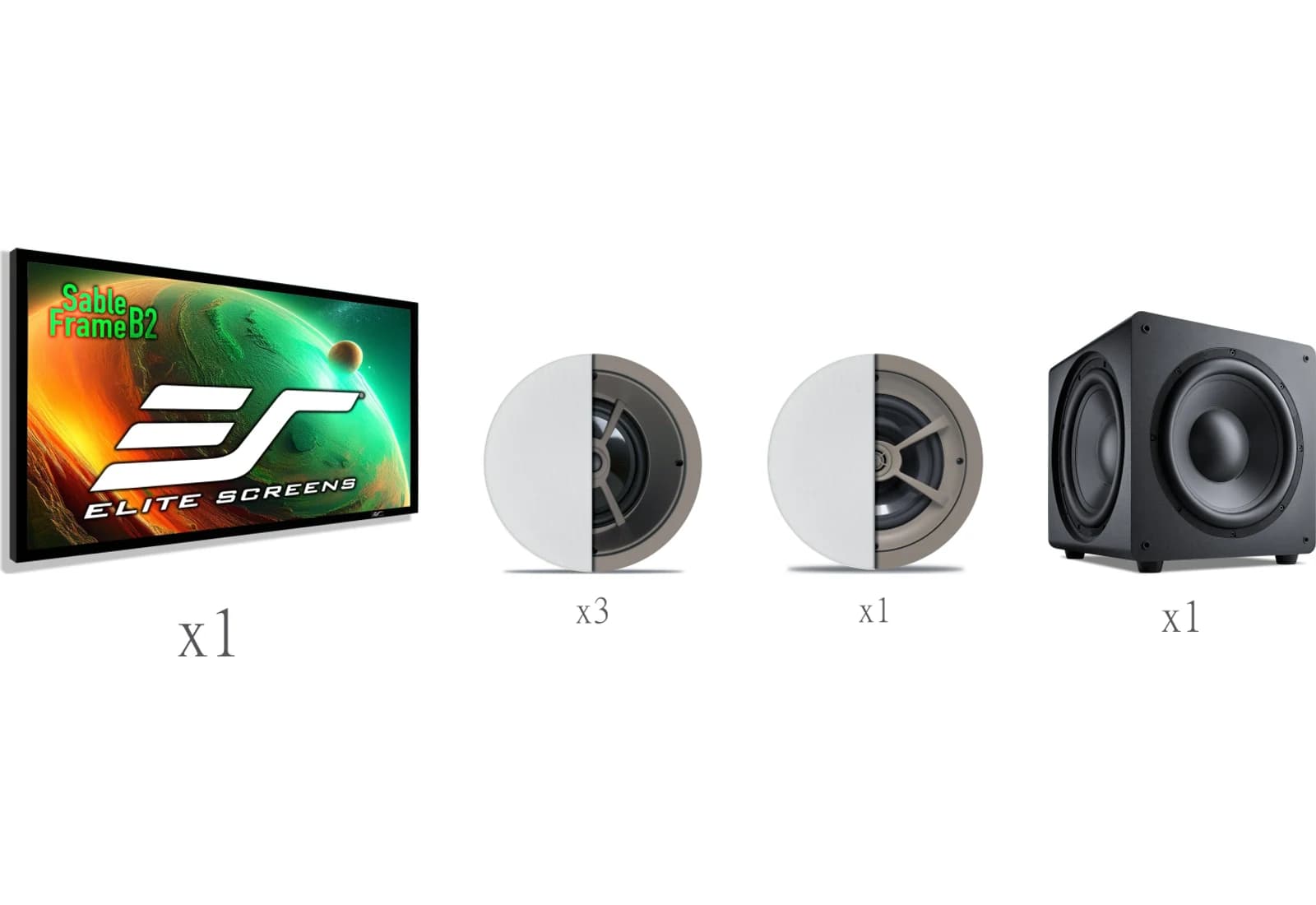 The Media Room Package components photographed together — a fixed-frame projection screen, an in-ceiling LCR speaker, an in-ceiling surround speaker and a powered subwoofer
