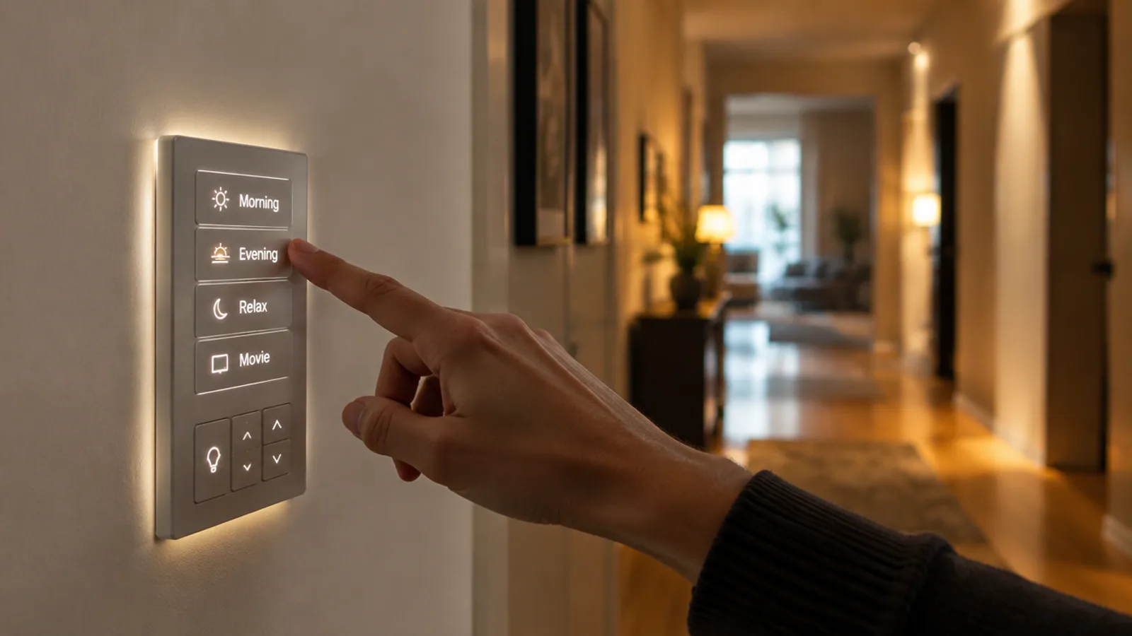 A backlit smart-lighting scene keypad on a hallway wall