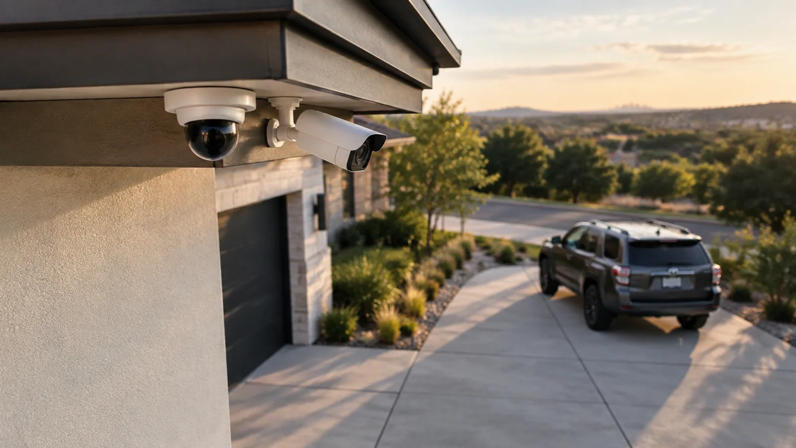 A dome and a bullet camera on a building corner, their coverage overlapping the driveway below