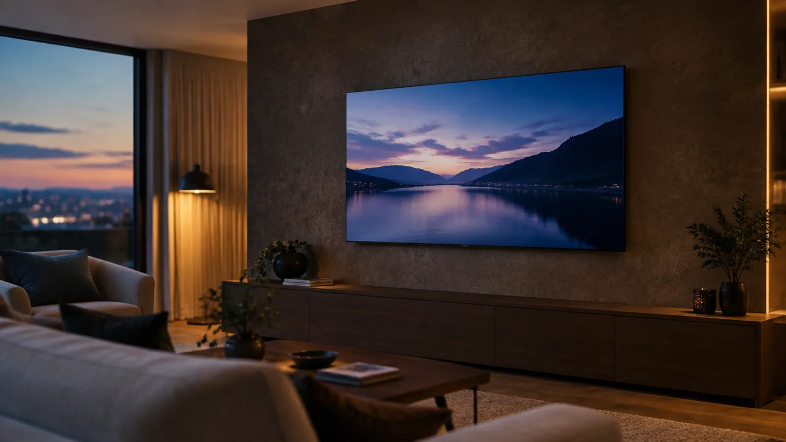 A flat-panel television wall-mounted flush with the cable hidden