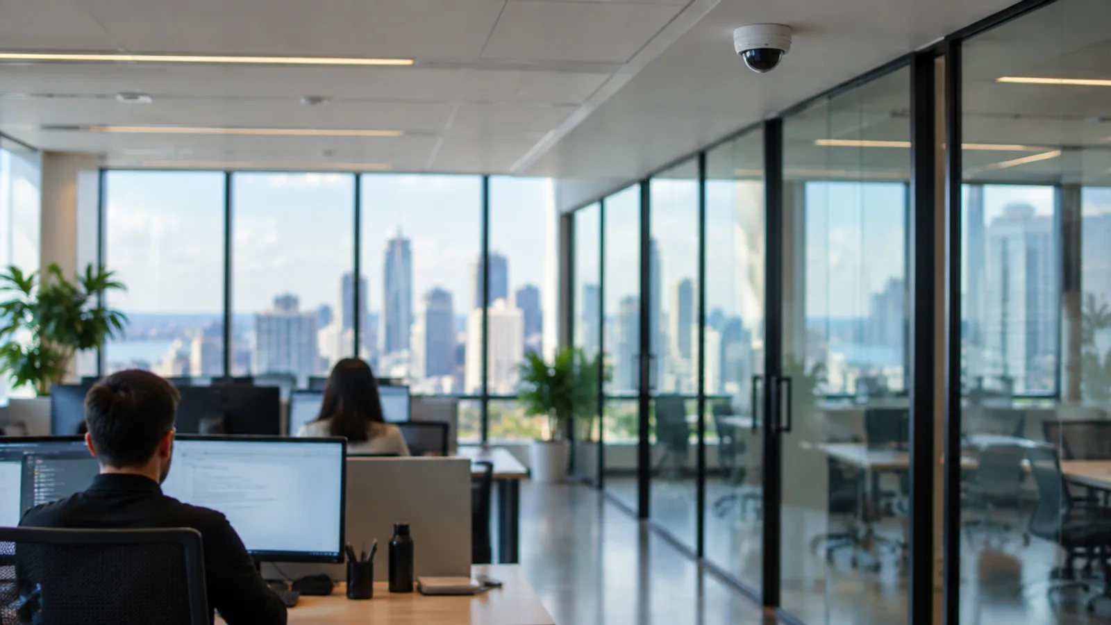 A modern open-plan office with workstations and a discreet ceiling dome camera