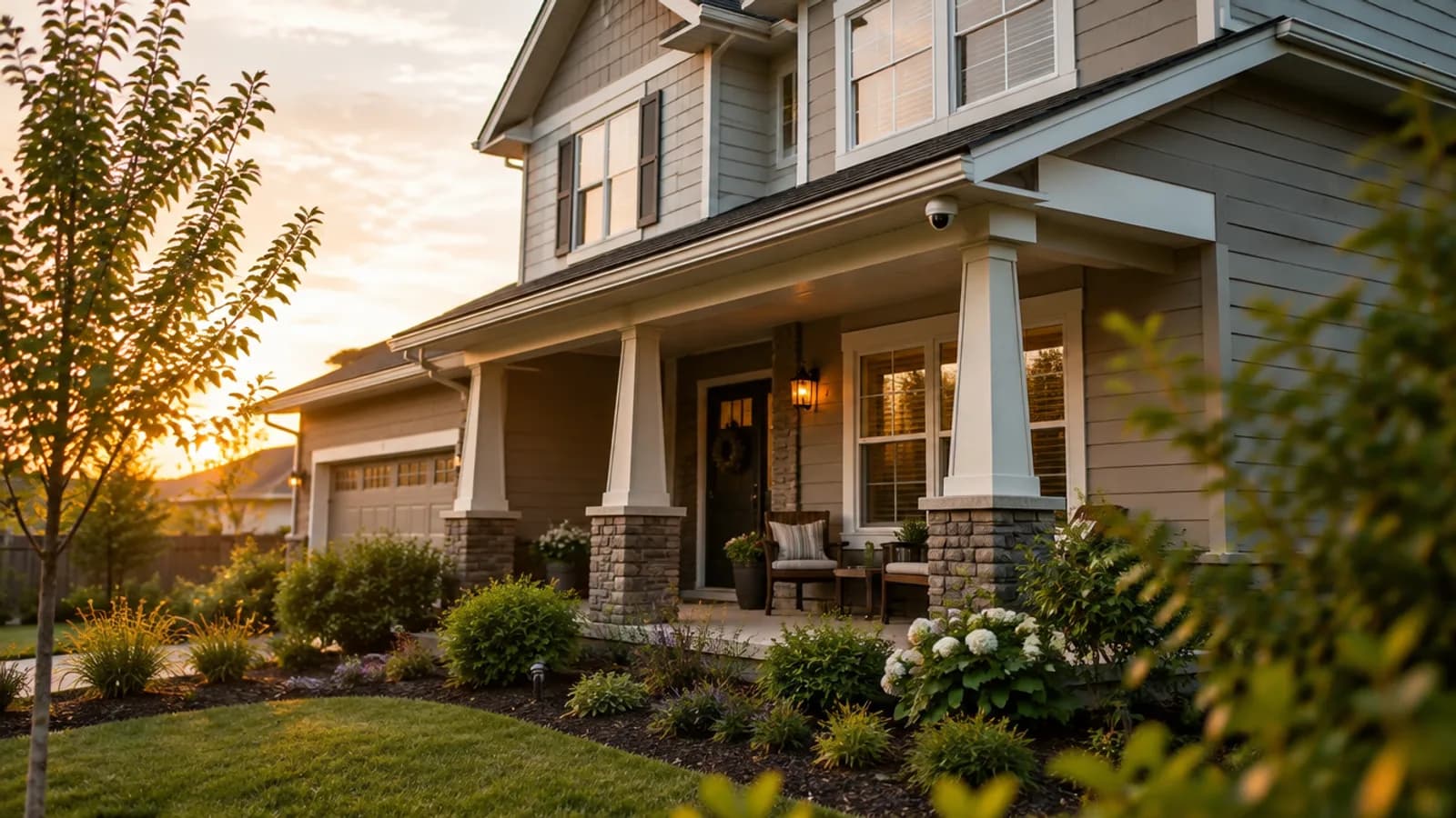 A modern suburban family home at golden hour with a discreet dome camera under the porch eave
