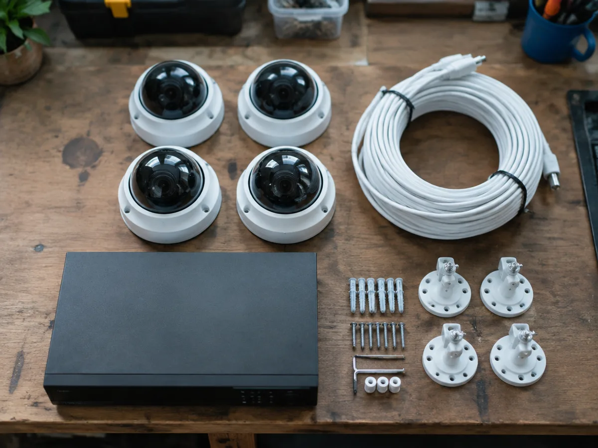 A surveillance kit laid out — four dome cameras, a recorder, cable and mounts