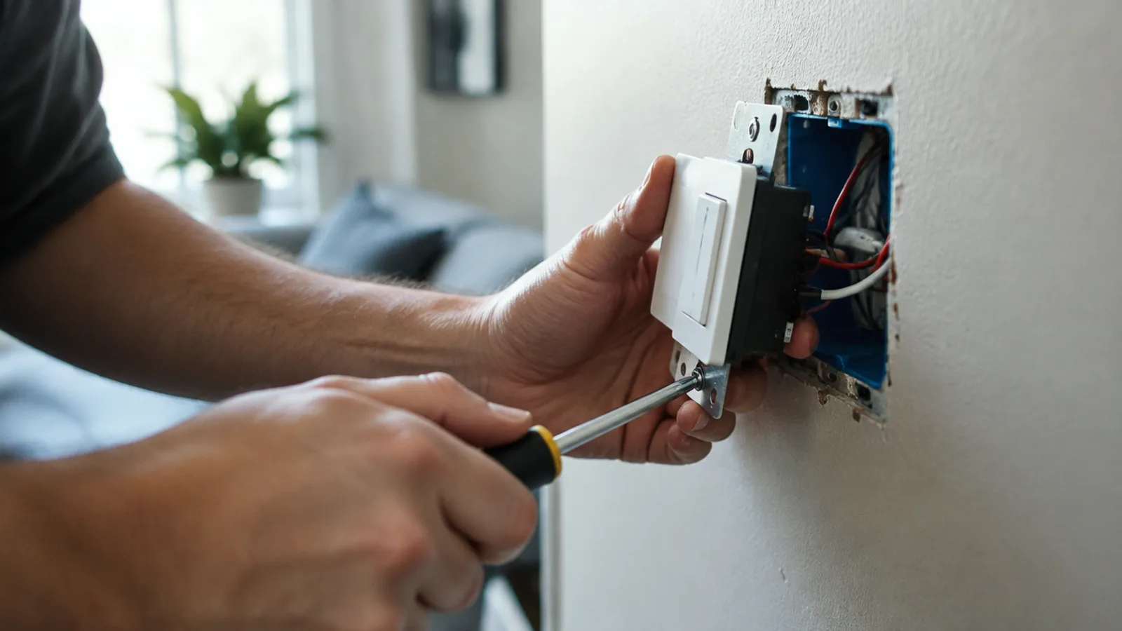 An installer wiring a smart dimmer switch into a wall box