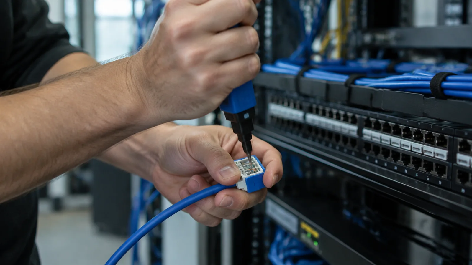 An installer's hands punching a Cat6 cable into a keystone jack at a rack