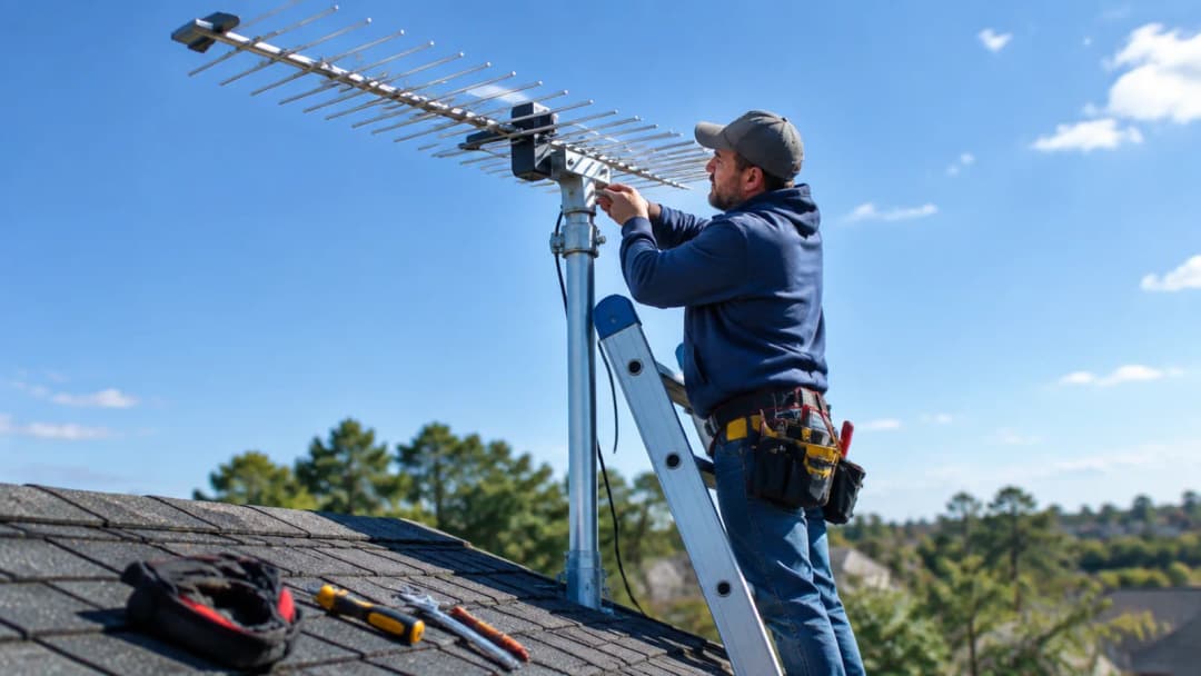 A technician on a ladder mounting equipment cleanly
