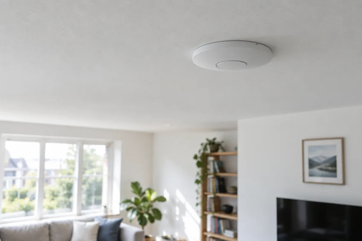 A white Wi-Fi access point mounted flush on the ceiling of a bright living room